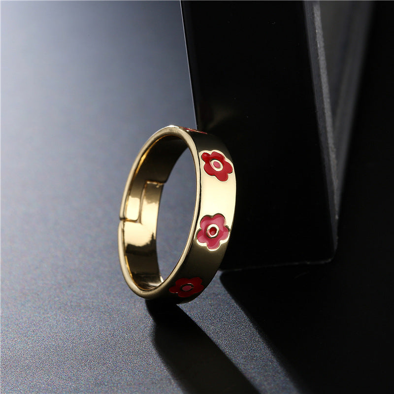 Geometric Floral Drip Oil Gold Plated Brass Ring for Women