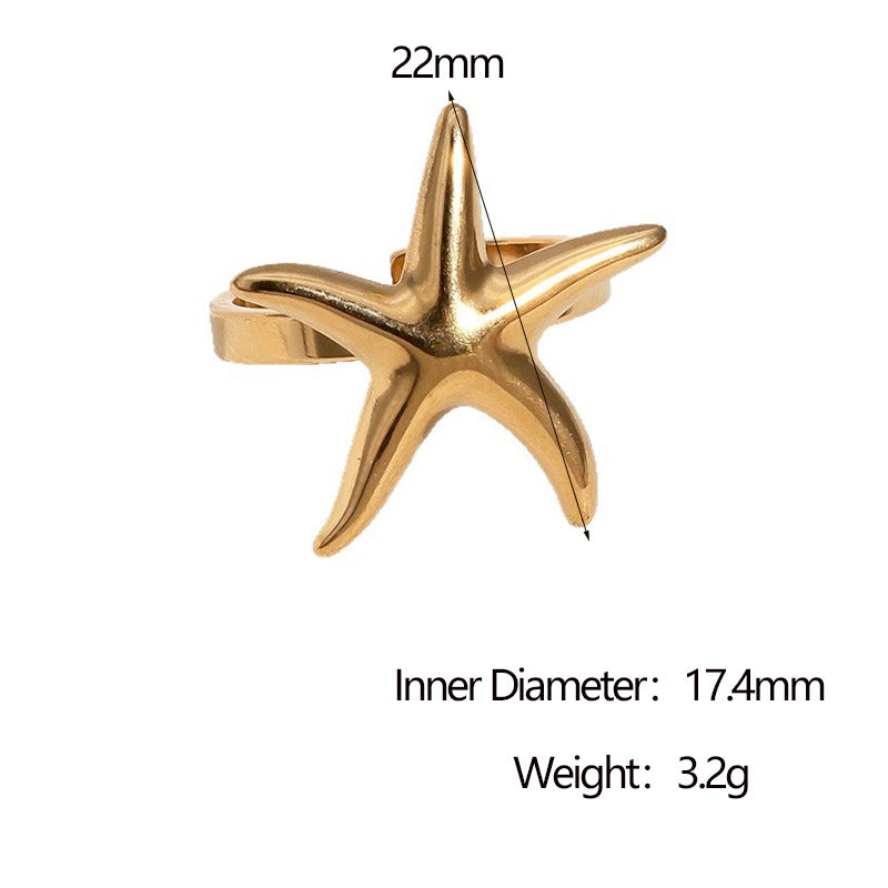 Minimalist 18K Gold Plated Stainless Steel Starfish Open Adjustable Ring for Women
