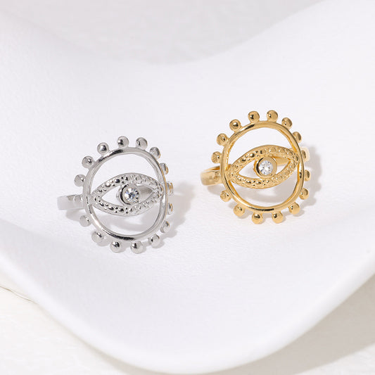 Anello Aperto Geometrico Minimalista da Donna in Acciaio Inossidabile con Placcatura in Oro 18 carati e Occhio di Allah con Strass
