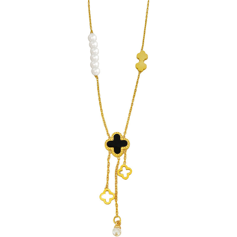 Hollow Four-Leaf Clover Tassel Titanium Steel Necklace