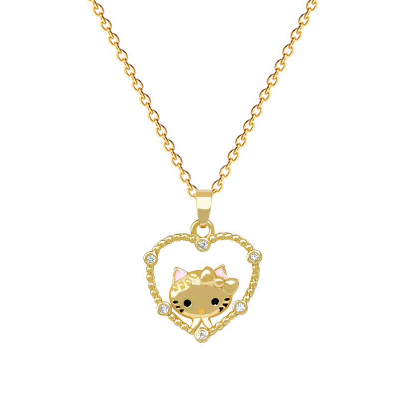 Minimalist Sweet Geometric Cat Rhinestone Pendant Titanium Steel Necklace for Unisex