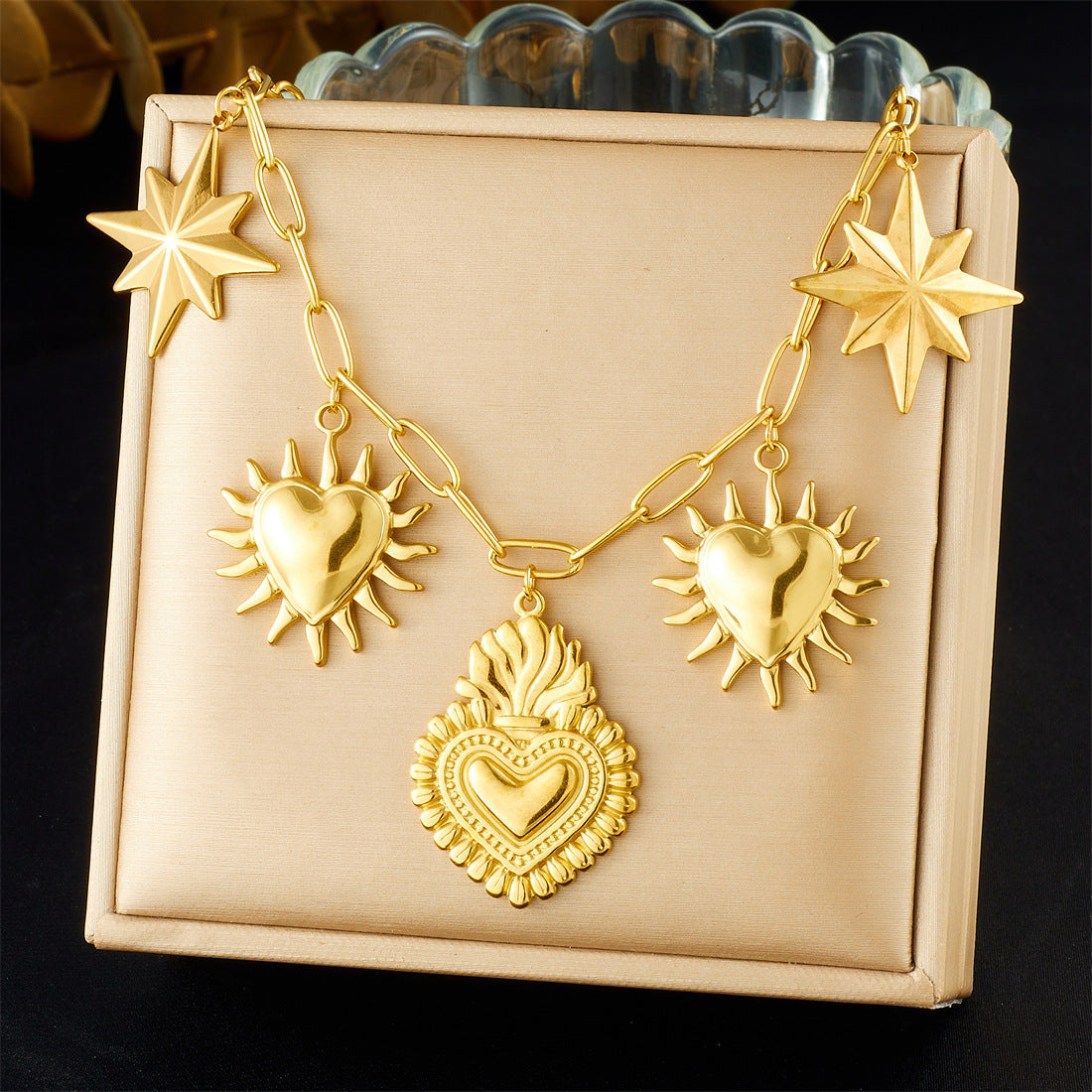 Chic Gold Plated Stainless Steel Heart Bow Floral Pendant Necklace Curb Chain
