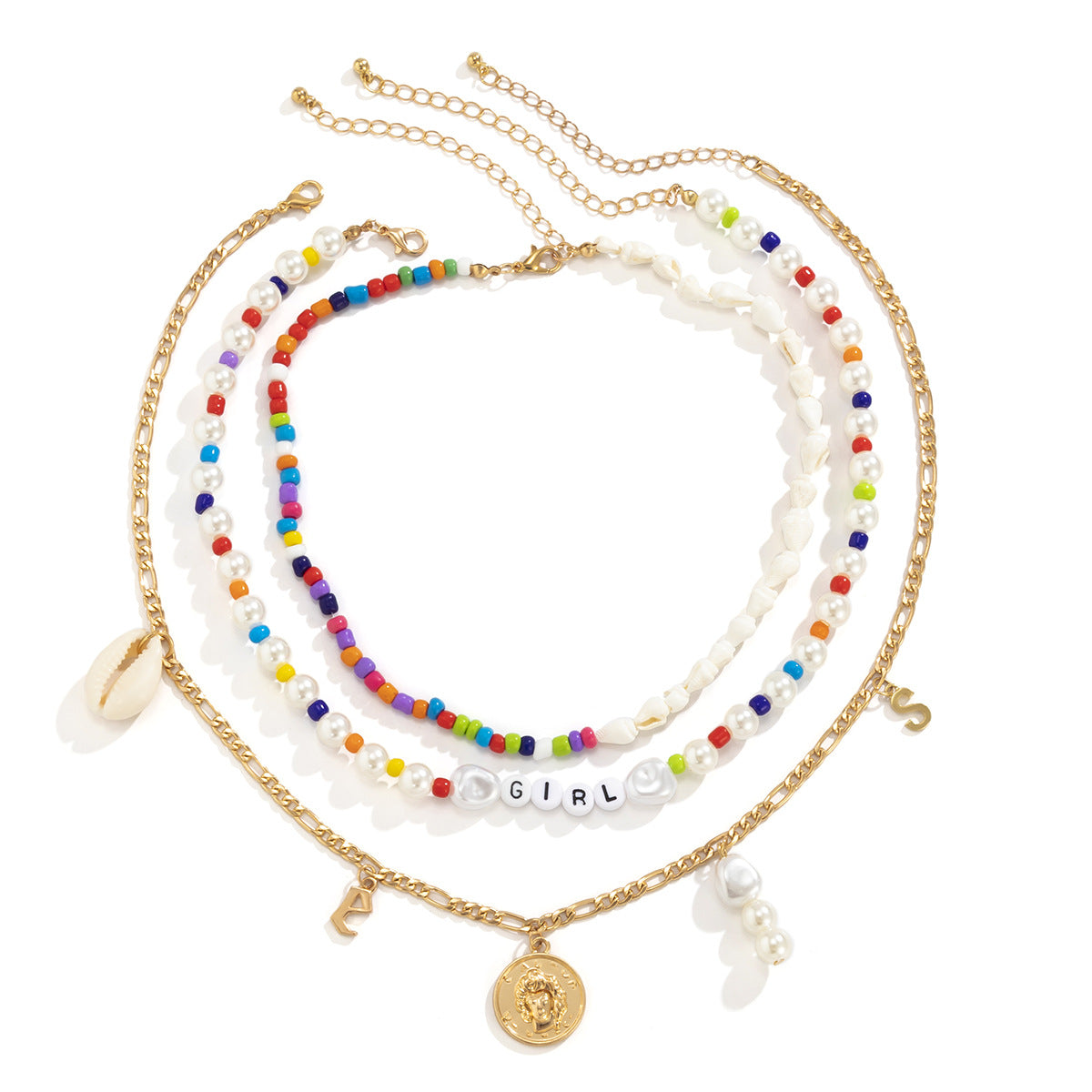 Vintage Bohemian Geometric Letter Imitation Pearl Shell Pendant Beaded Necklace for Women