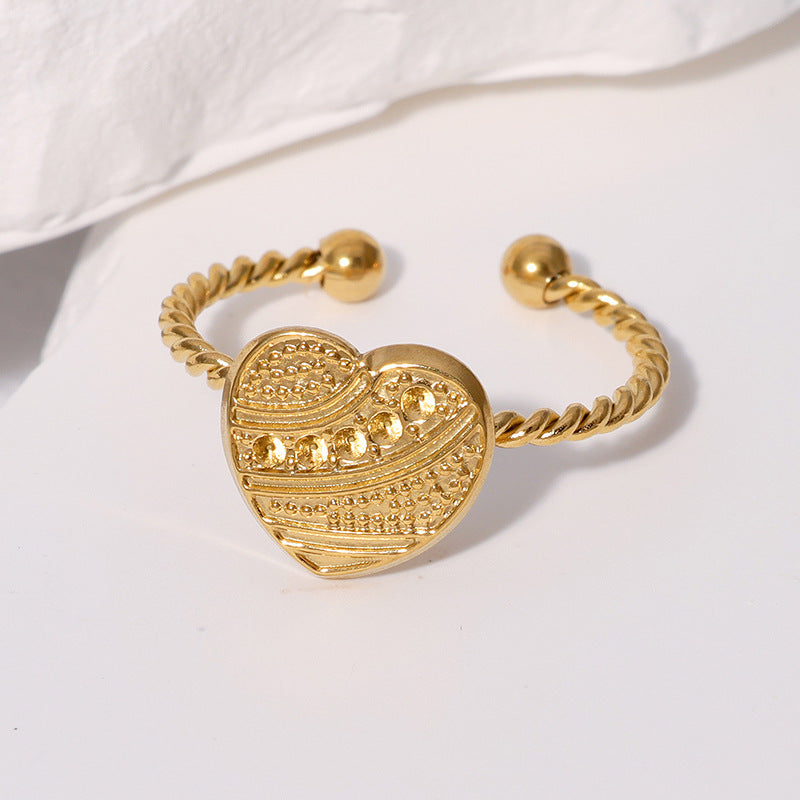 Anello aperto minimalista martellato a forma di cuore in acciaio inossidabile placcato oro 18 carati, gioielli da donna