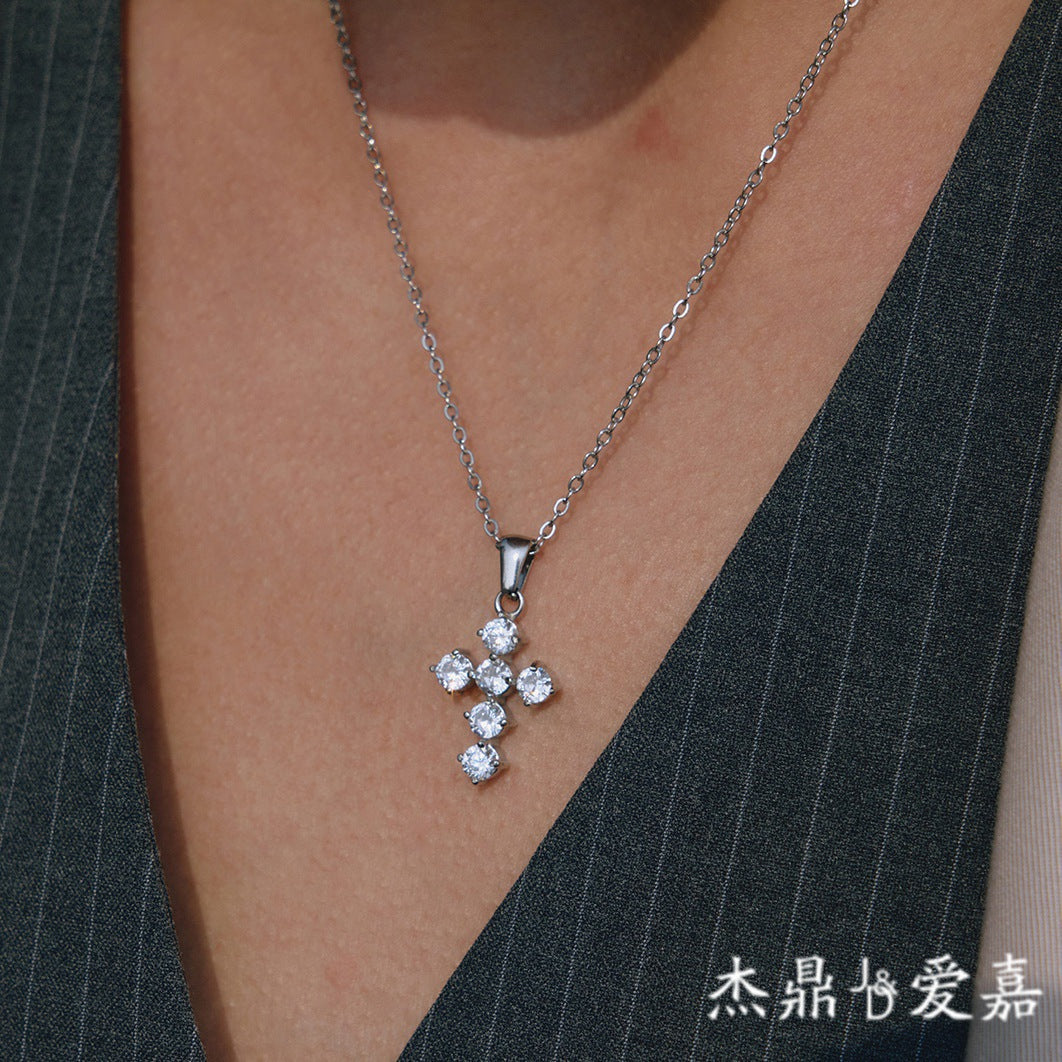 Minimalist Geometric Cross Cubic Zirconia PVD Stainless Steel Necklace for Women