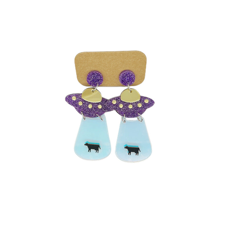 Pendientes de platillo volador alienígena OVNI con luna, estrella, vaca, gato y arco iris de acrílico extragrande para mujer con detalle cortado a láser