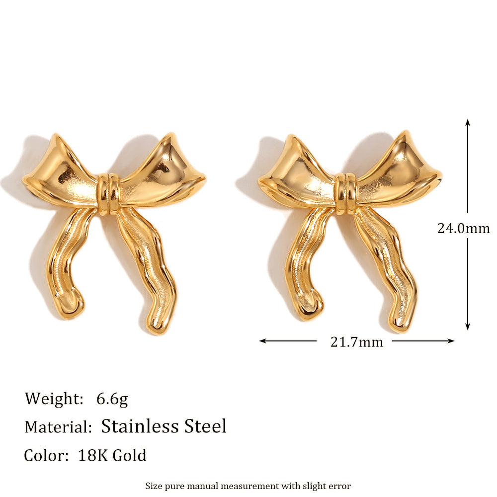 Orecchini a perno ovali con fiocco, minimalisti e alla moda, da donna, in acciaio inossidabile con placcatura in oro 18 carati