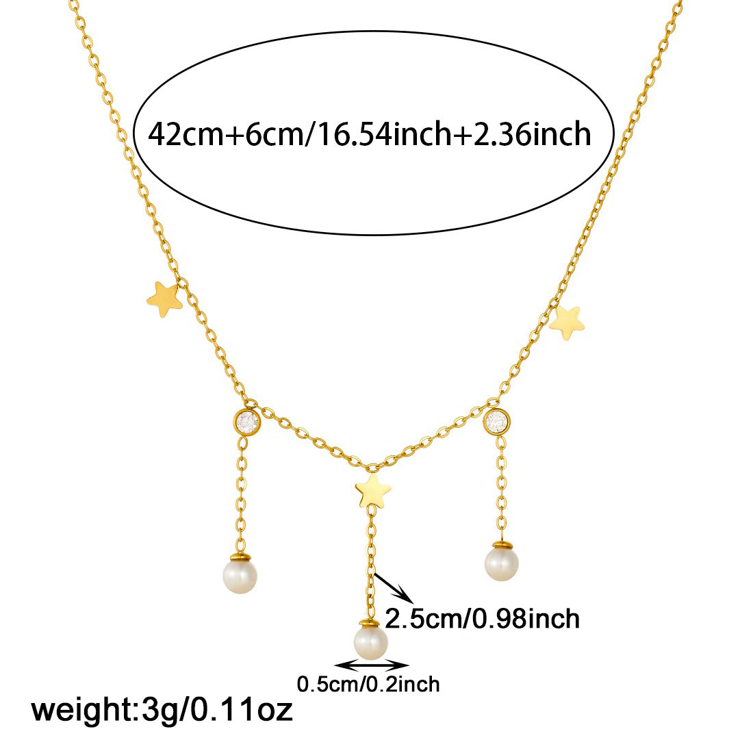 Gold Plated Stainless Steel Star Pendant Necklace with Imitation Pearl and Tassel for Women