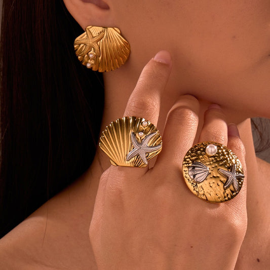 Fashionable Ocean-Inspired Stainless Steel Earrings with Shell and Starfish Motifs for Women