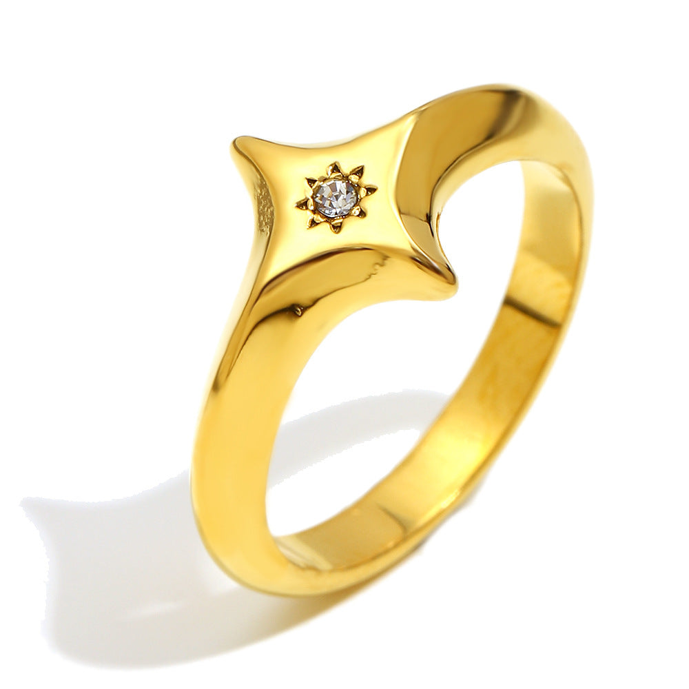 Minimalist Geometric Stainless Steel Ring with 18K Gold Plating and Rhinestone Accents for Women