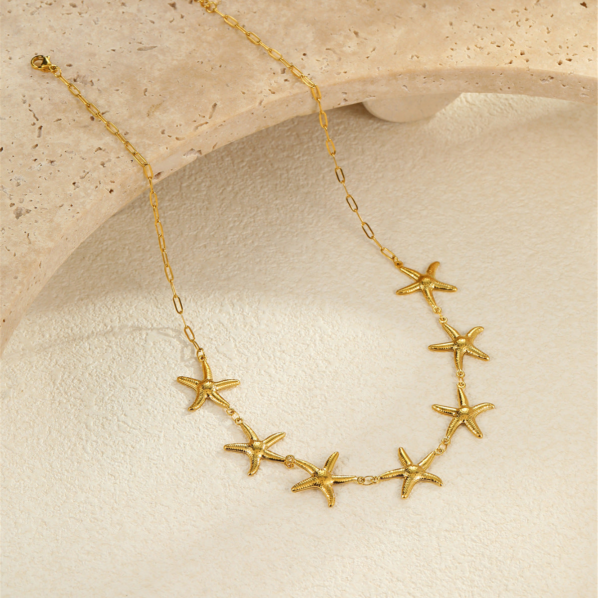 Fashionable Ocean-Themed Hollow Stainless Steel Starfish and Seashell Pendant Necklace with 18K Gold Plating for Women