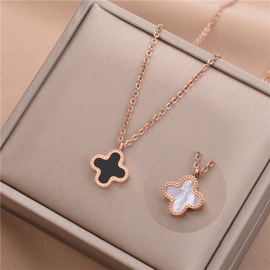 Minimalist Four-Leaf Clover Pendant Necklace for Women in Titanium Steel with 18K Rose Gold Plating