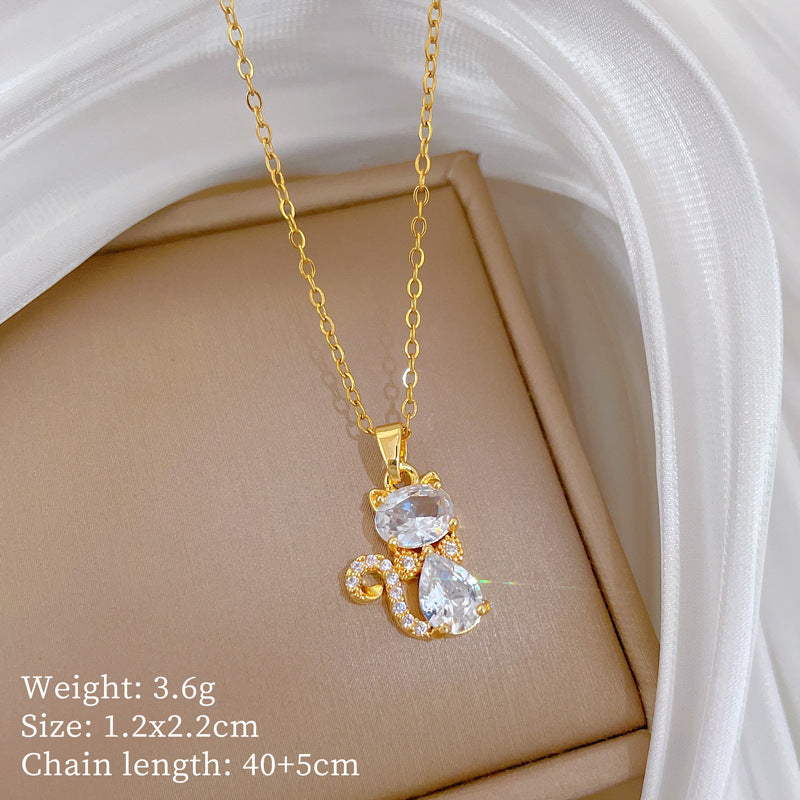 Sweet Cartoon Animal Micro-Inlaid Cubic Zirconia Brass Pendant Titanium Steel Necklace for Unisex