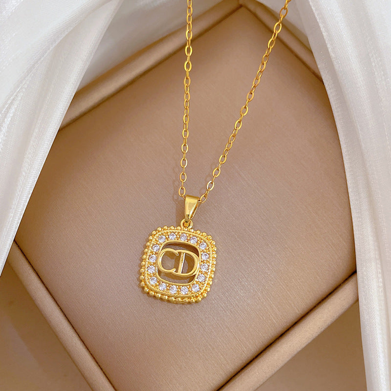 Sweet Square Letter Rhinestone Titanium Steel Necklace Unisex Cable Chain
