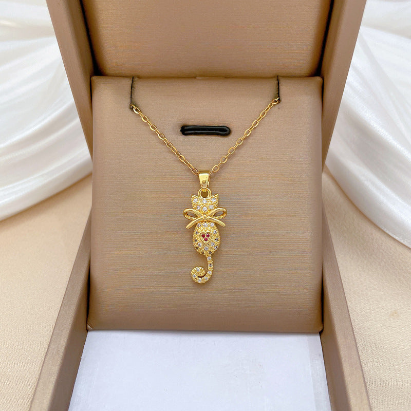 Minimalist Cat Bowknot Pendant Necklace for Women Stainless Steel Chain with Rhinestone Accents Lightweight Elegant Clavicle Necklace