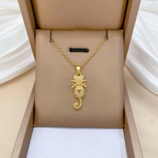 Collana Minimalista con Ciondolo a Fiocco per Gatto da Donna, Catena in Acciaio Inossidabile con Dettagli in Strass, Collana Leggera ed Elegante per Clavicole