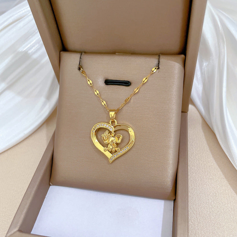 Collar minimalista con colgante de elefante y corazón para mujer y hombre, de acero inoxidable, delicada cadena para clavícula con detalles de diamantes de imitación