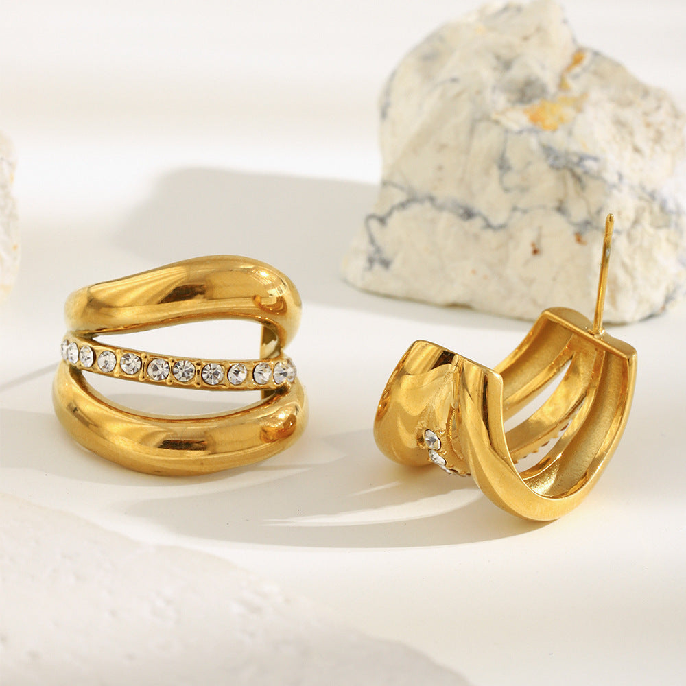 Orecchini a perno da donna geometrici minimalisti a triplo strato in acciaio inossidabile placcato oro 18 carati con strass