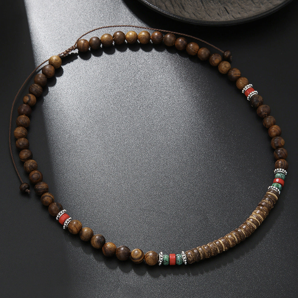 Geometric Wood and Natural Volcanic Stone Beaded Necklace for Men and Women