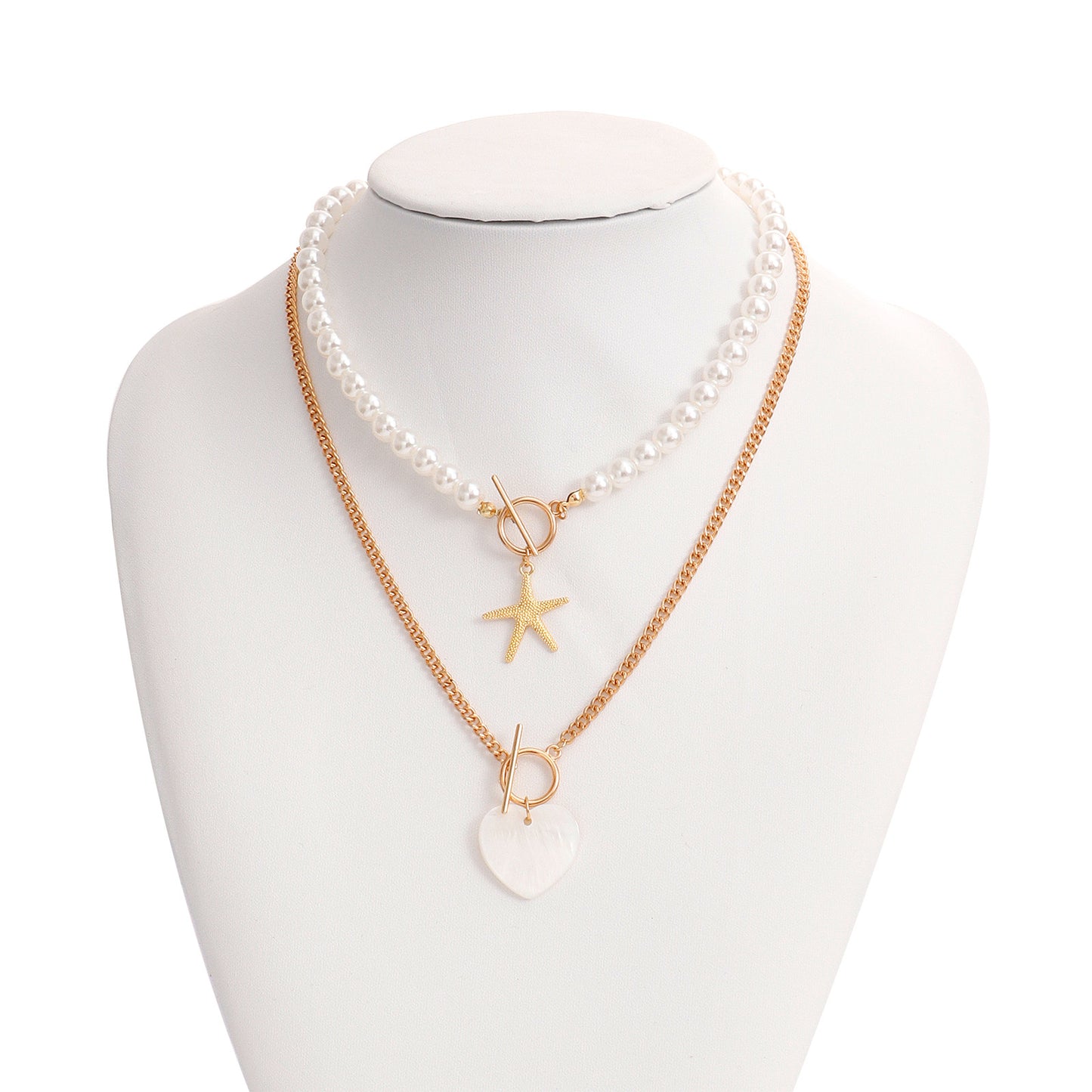 Y2K Style Double-Layer Starfish and Heart Abalone Pendant Necklace for Women with Alloy Construction and Electroplated Finish