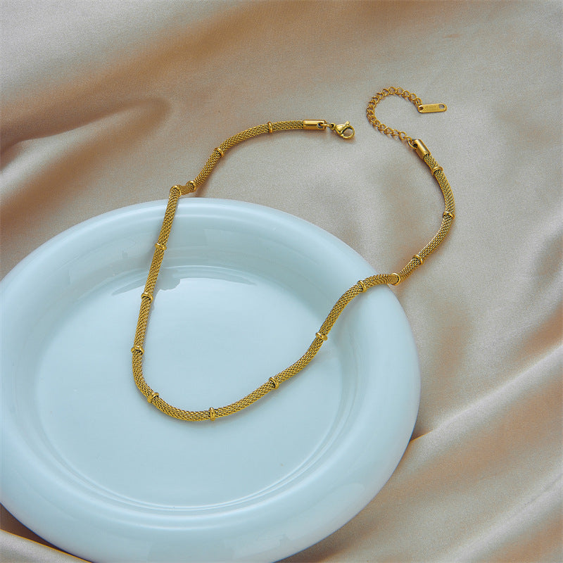 Conjunto Minimalista de Collar y Pulsera de Bambú en Acero de Titanio con Acabado Chapado sobre Cadena Redonda de Malla