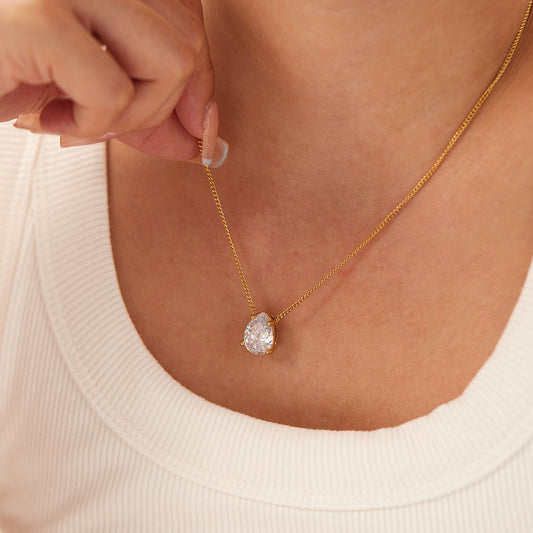 Collar minimalista de acero inoxidable con forma de lágrima, chapado en oro de 18 quilates y colgante de circonita blanca para mujer