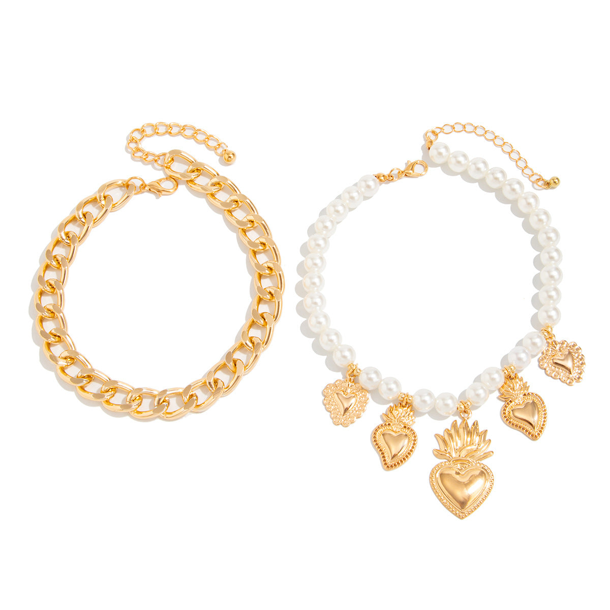 Vintage Heart-Shaped Alloy Anklet with Pearl Accents for Women, Fashionable Pants Hem Decor and Beaded Foot Jewelry