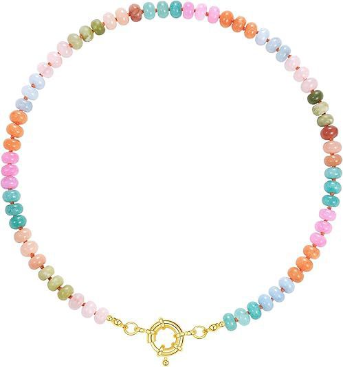 Sweet 8mm Natural Stone Bead Necklace Stainless Steel Geometric Round Ball Chain for Women
