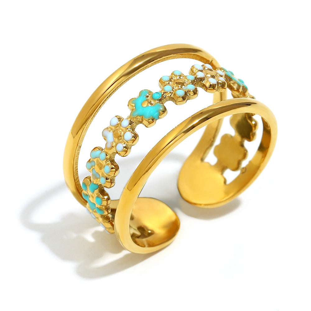 Fashionable Vintage-Inspired Floral Open Ring for Women Made of Stainless Steel with 18K Gold Plating