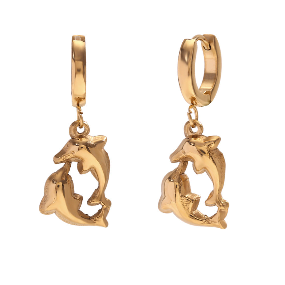 Pendientes Minimalistas de Tortuga, Caballito de Mar y Delfín de Moda en Acero Inoxidable con Baño de Oro de 18K para Mujer