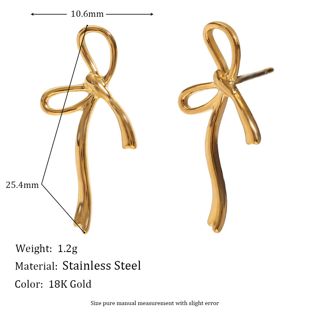Pendientes minimalistas creativos de acero inoxidable con forma de lazo y baño de oro de 18 quilates para mujer