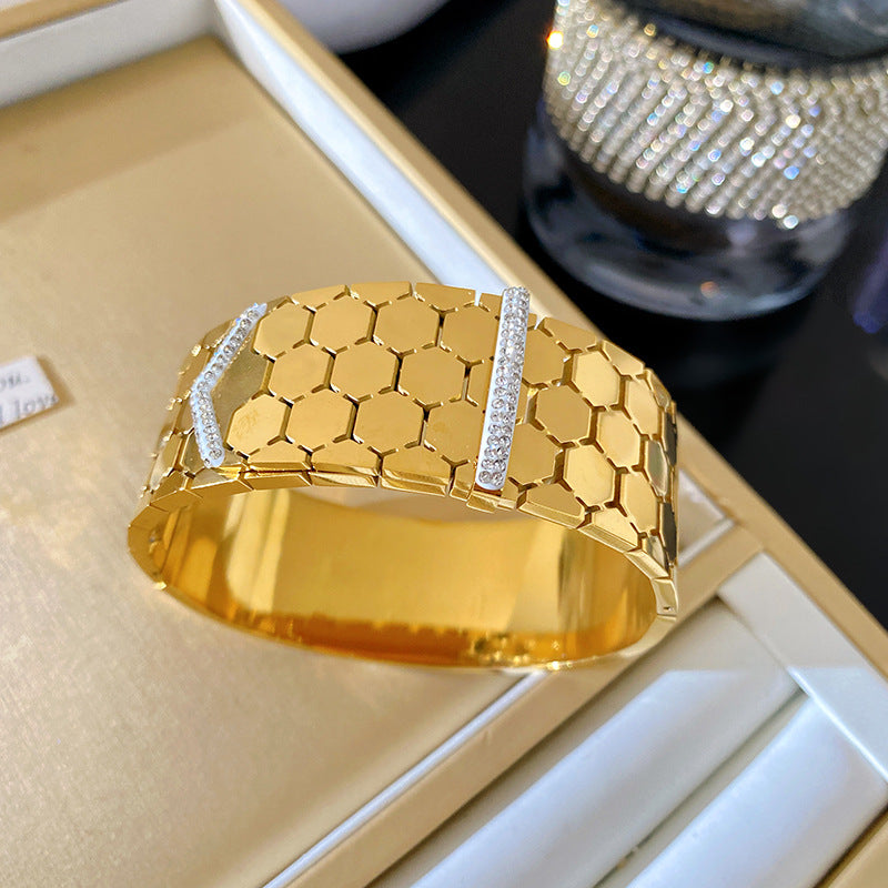Geometric Honeycomb Plated Titanium Steel Bracelet with Rhinestone for Women