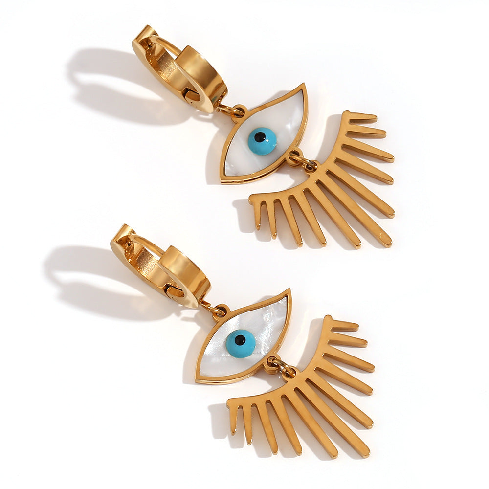 Fashionable Geometric Stainless Steel Ear Cuffs with 18K Gold Plating and White Abalone Inlay Shaped Like Eyes for Women