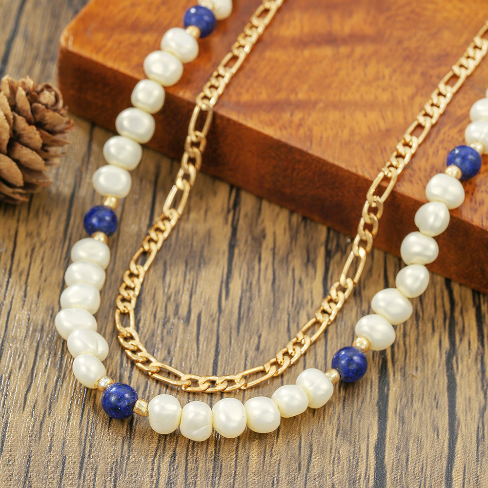 Handmade Geometric Round Imitation Pearl Leather Cord Necklace Unisex Double Layer