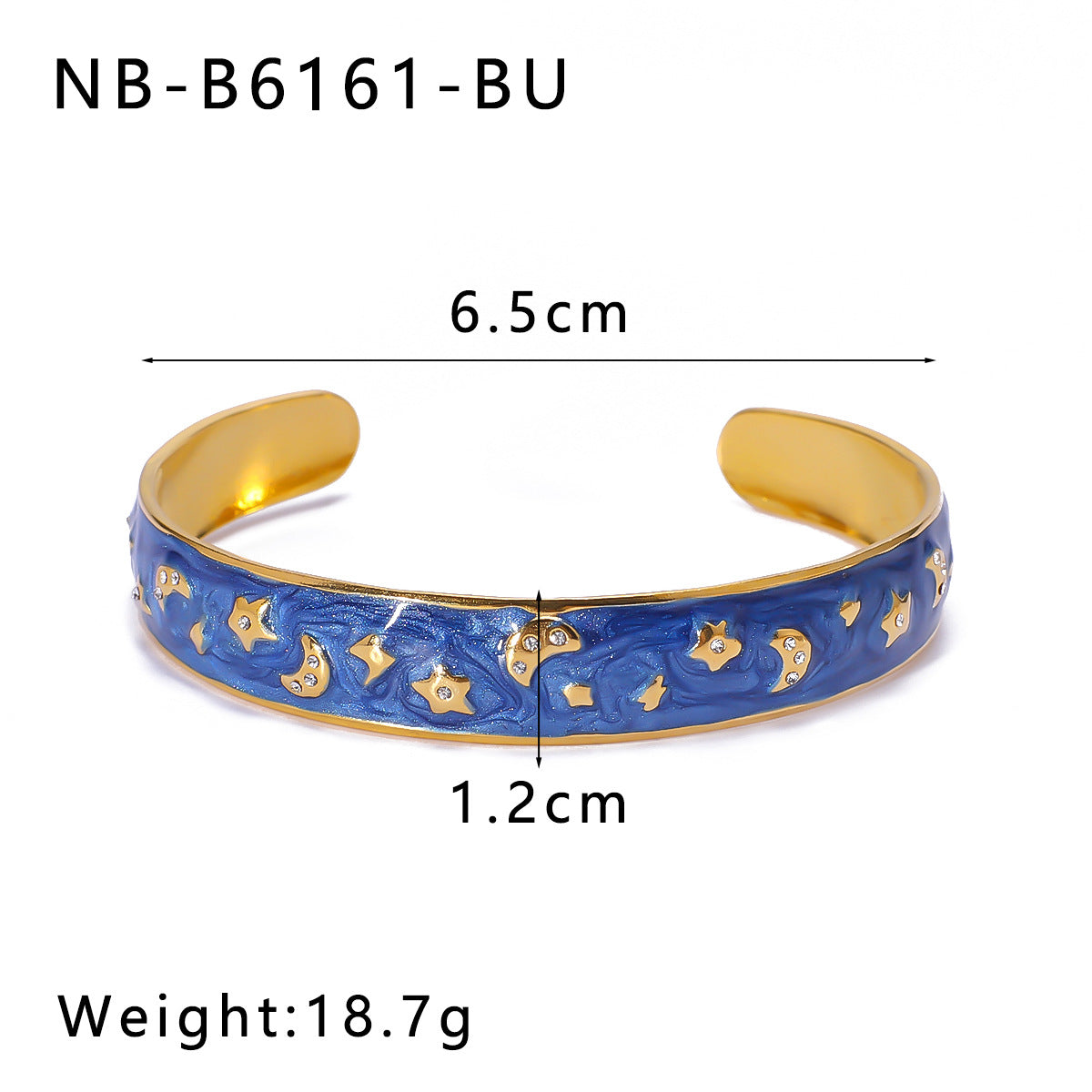 Minimalist C-Shaped Stainless Steel Bracelet with Enamel Stars and Moons, Irregular Asymmetric Design