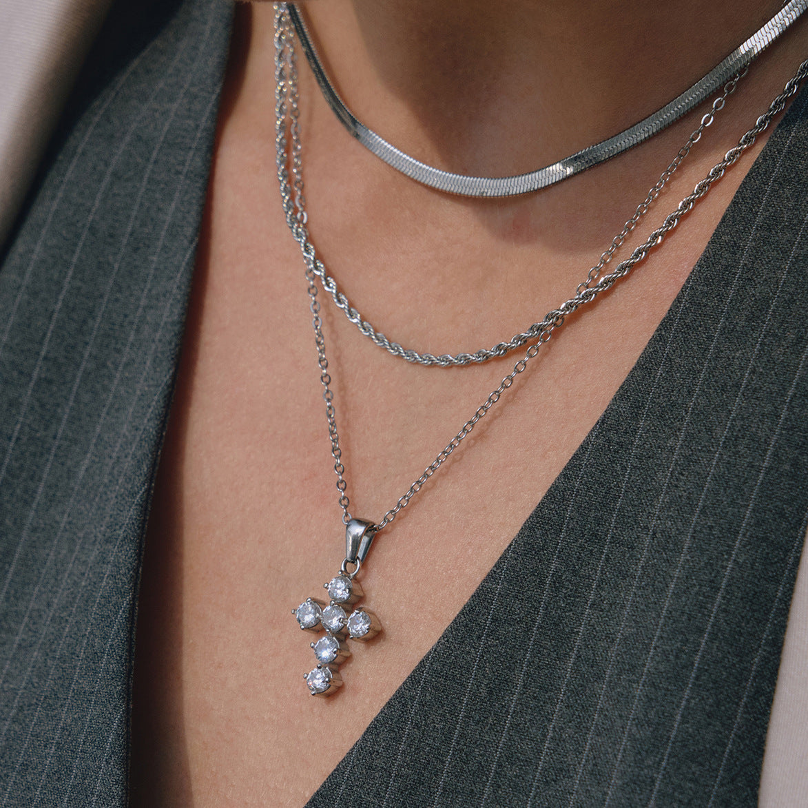 Minimalist Geometric Cross Cubic Zirconia PVD Stainless Steel Necklace for Women