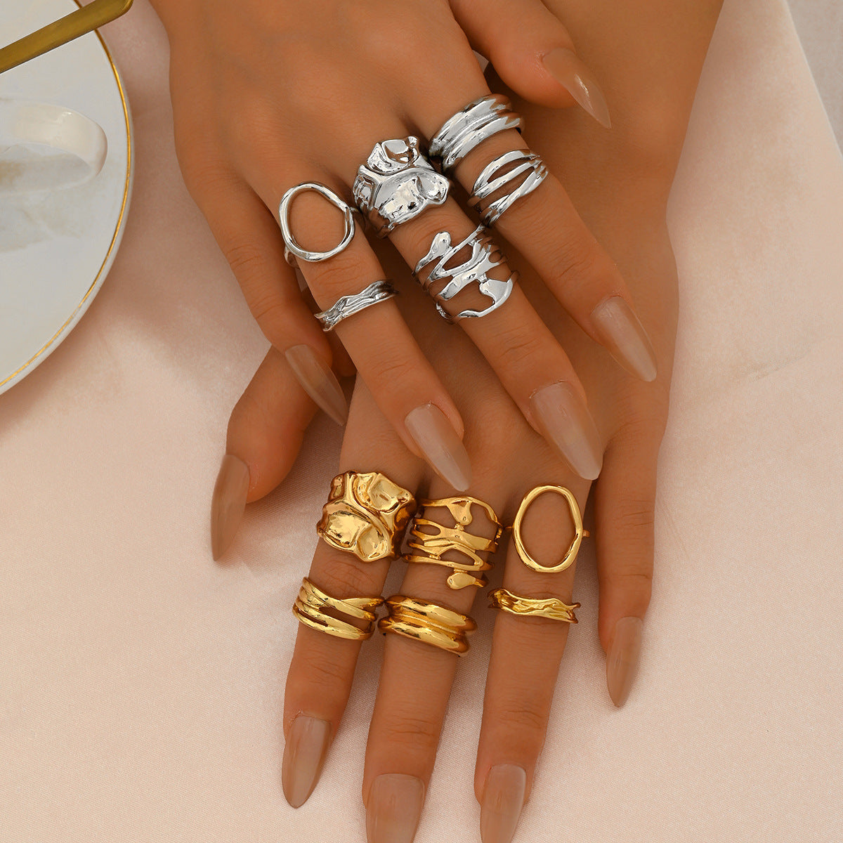 Juego de anillos abiertos geométricos minimalistas para mujer, anillos de moda de aleación de zinc chapados con patrones circulares y de puntos irregulares