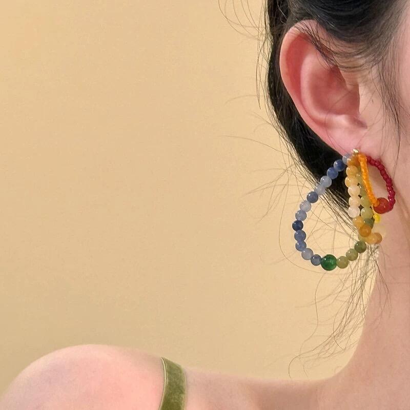 Sweet Vintage Geometric Round Natural Stone Earrings with 925 Sterling Silver Posts for Women
