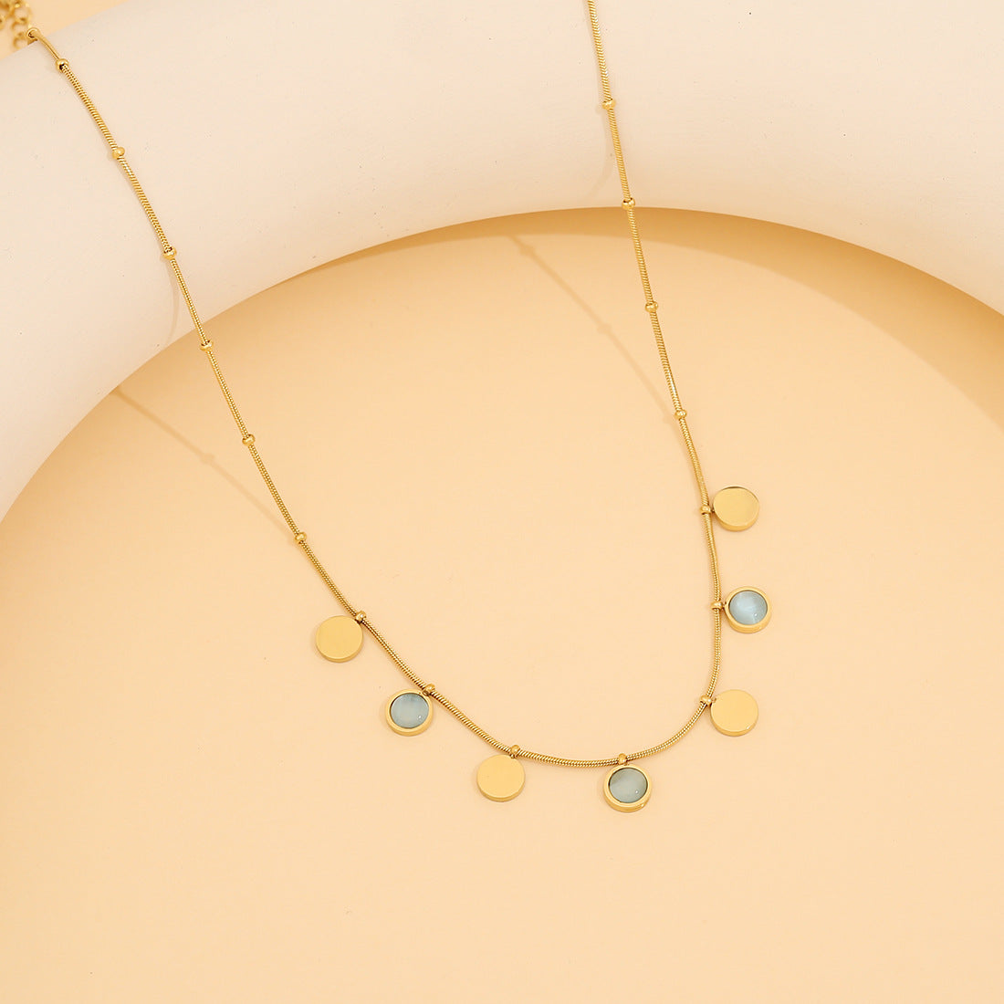Fashionable Geometric Cat's Eye Stone Necklace in Stainless Steel with Plated Finish, Snake Chain for Women