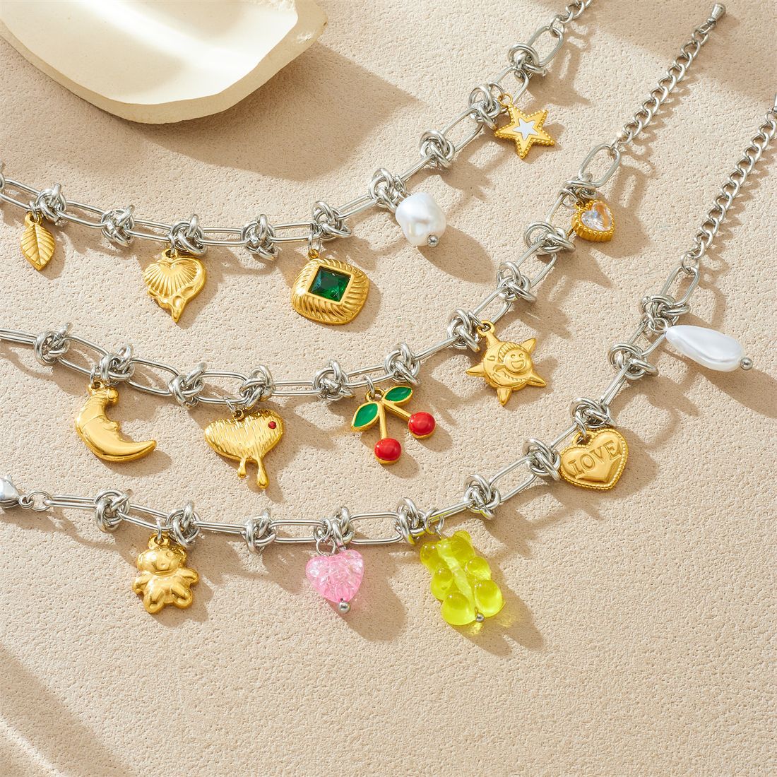 Sweet Gold Plated Drip Oil Square Star Heart Cherry Bear Stainless Steel Bracelet