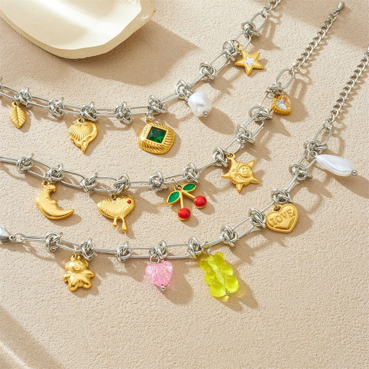Sweet Gold Plated Drip Oil Square Star Heart Cherry Bear Stainless Steel Bracelet