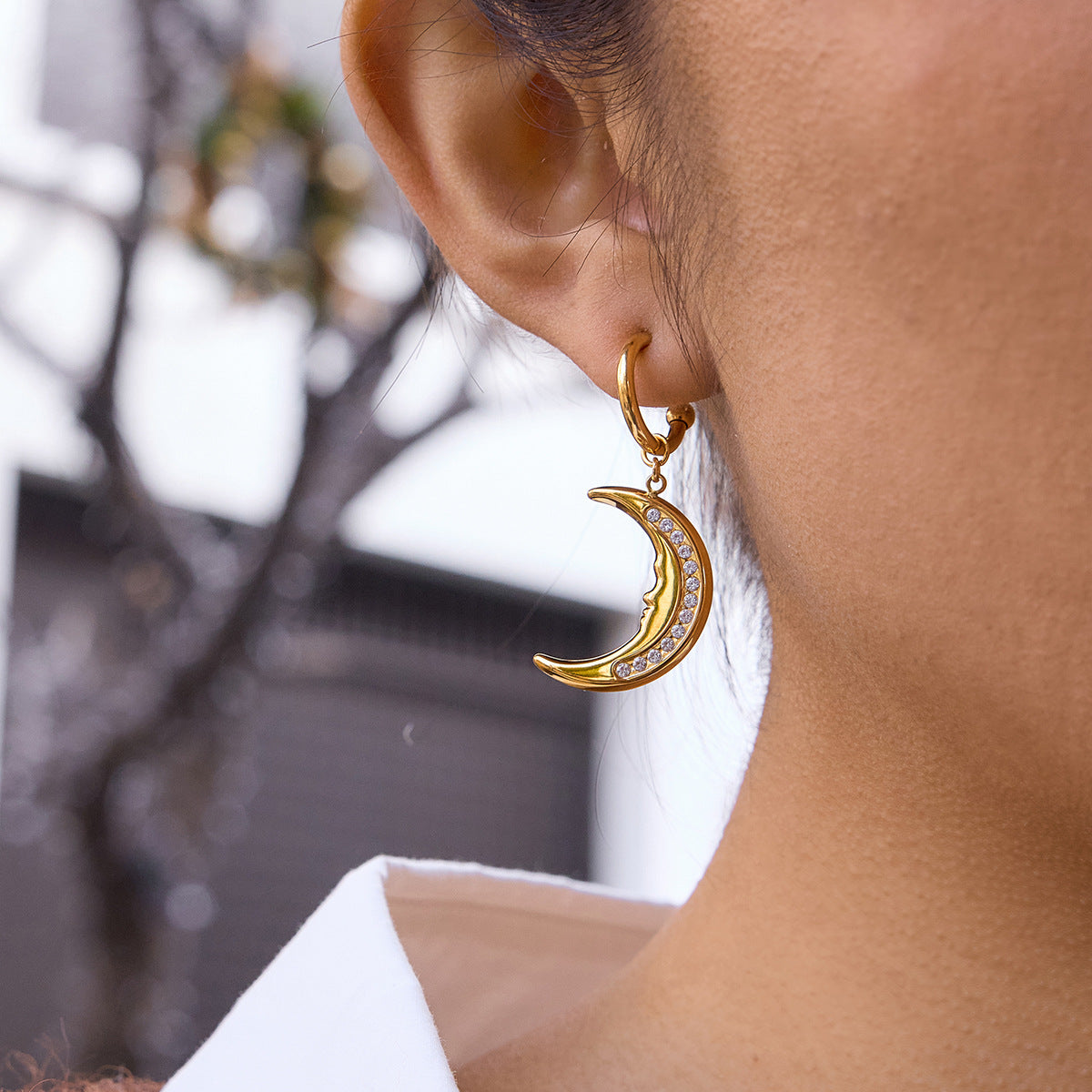 Elegant Geometric Moon Stainless Steel Plated Hoop Earrings for Women
