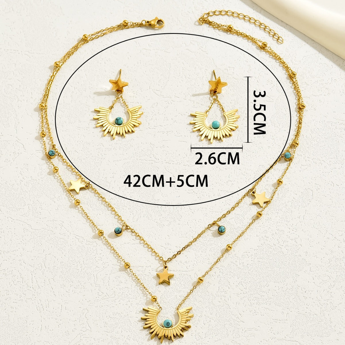 Juego de collar y pendientes de cobre con incrustaciones de turquesa floral de moda para mujer con diseño de pétalos