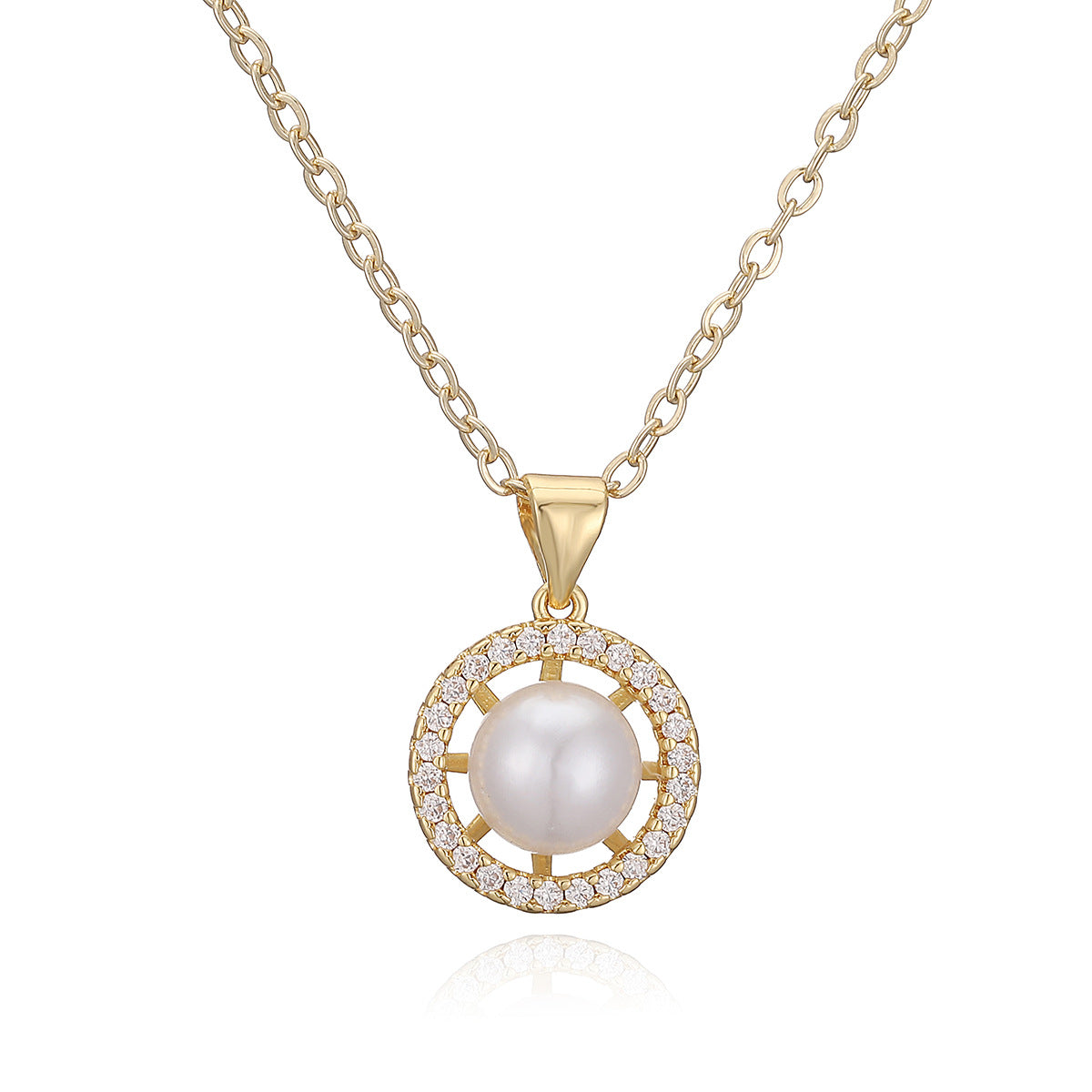 Elegant Minimalist Geometric Brass Gold Plated Necklace with Cubic Zirconia and Pearl for Women