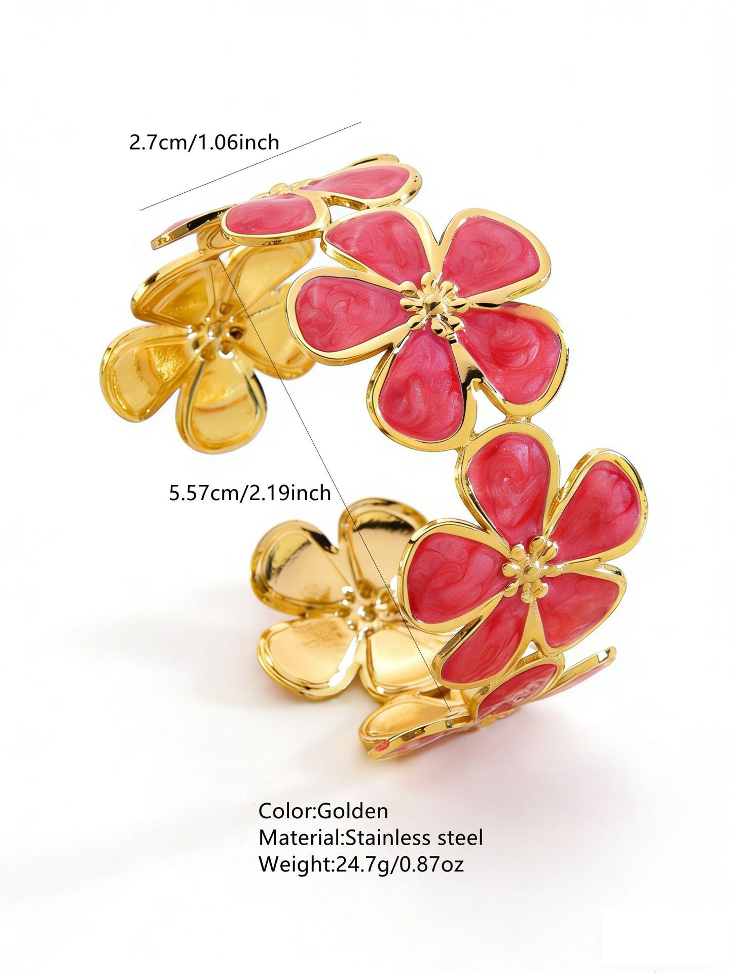 Elegante Pulsera Abierta de Lujo Floral con Esmalte de Aceite de Acero Inoxidable y Titanio con Cereza