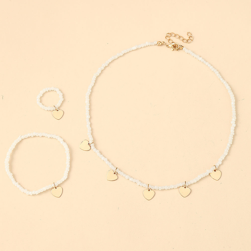 Set di Collana, Bracciale e Anello a Perla a Forma di Cuore per Bambine - Gioielli Minimalisti Stile Principessa per Ragazze dai 6 ai 10 Anni