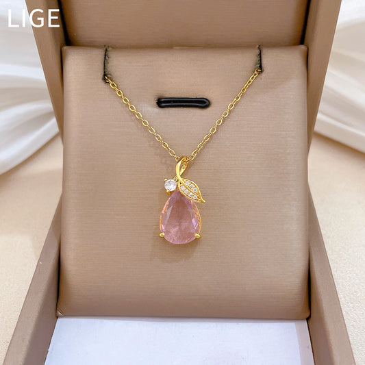 Sweet Elegant Leaf Teardrop Rhinestone Plated Titanium Steel Necklace for Unisex