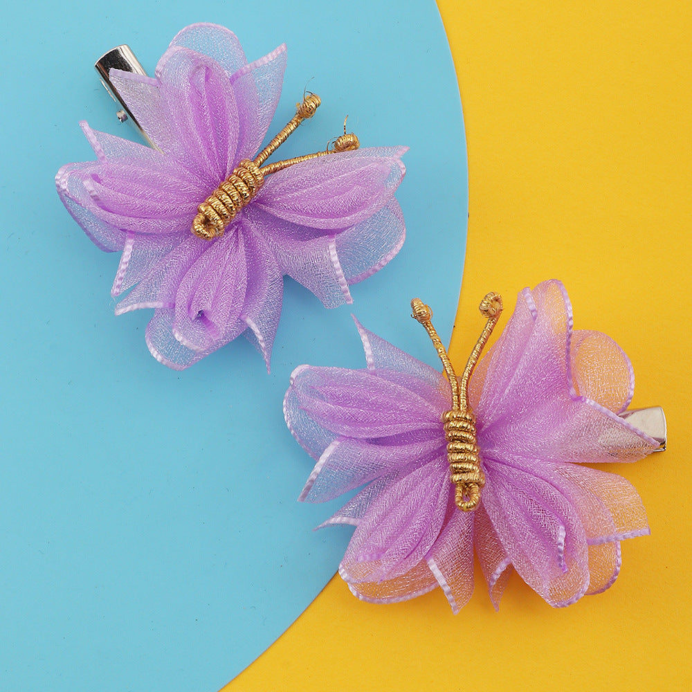 Cartoon Butterfly Hair Clip for Kids Handwoven Mesh Fabric Hairpin with Rainbow Accents