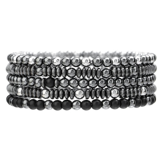 Bracciale con perline geometriche di ematite nera per coppie, fatto a mano, elastico, stile spiaggia, gioielli hip hop