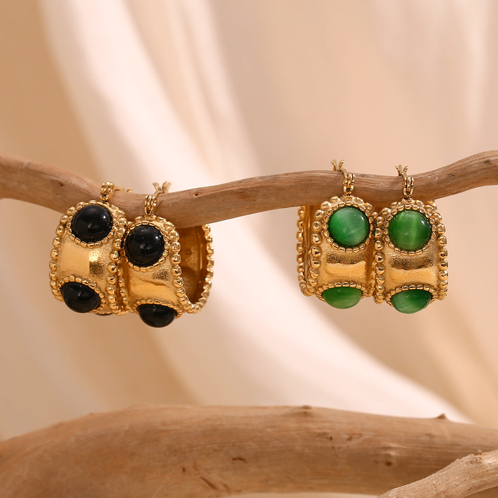 Fashionable Vintage-Style Geometric Stainless Steel 18K Gold-Plated Round Natural Stone Earrings for Women